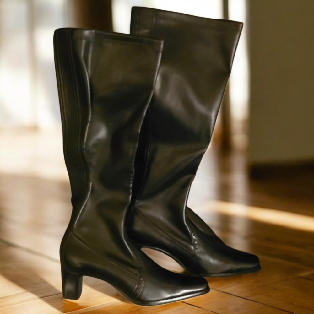 Franco Sarto Boots Womens Sz 6.5 6-1/2 Black Heeled Boot Man Made Upper Pull On